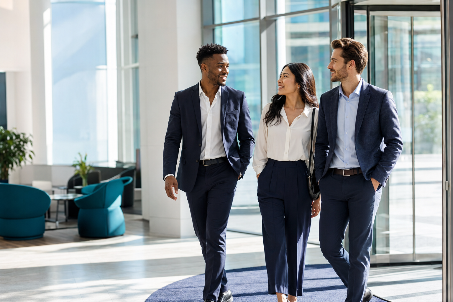 Job candidates walking through a modern office